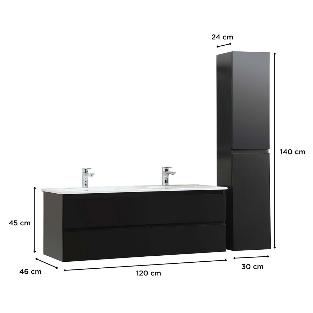 Meuble double +vasque +colonne SORRENTO noir, MOB IN