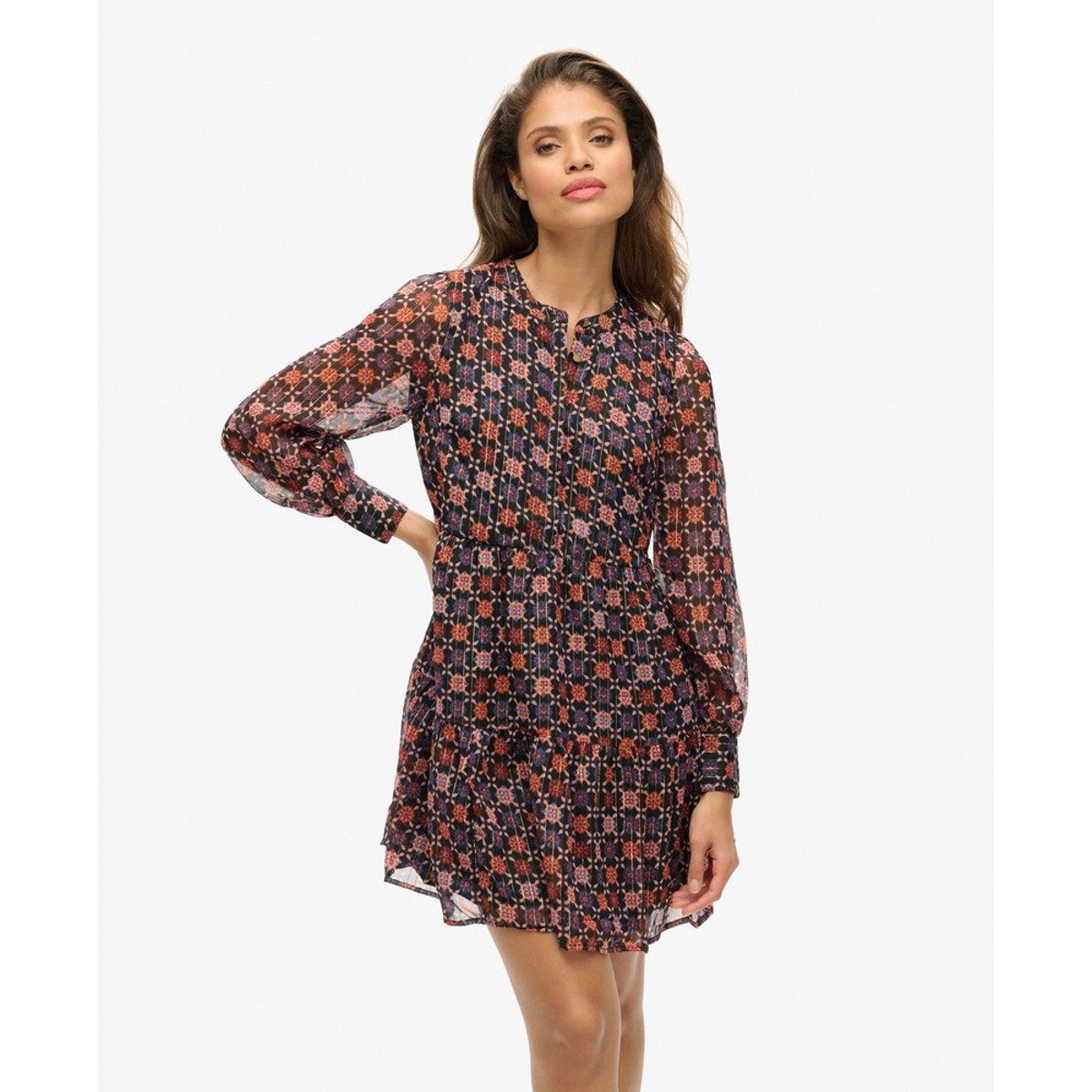 Robe courte à manches longues et volants imprimé floral géométrique, SUPERDRY