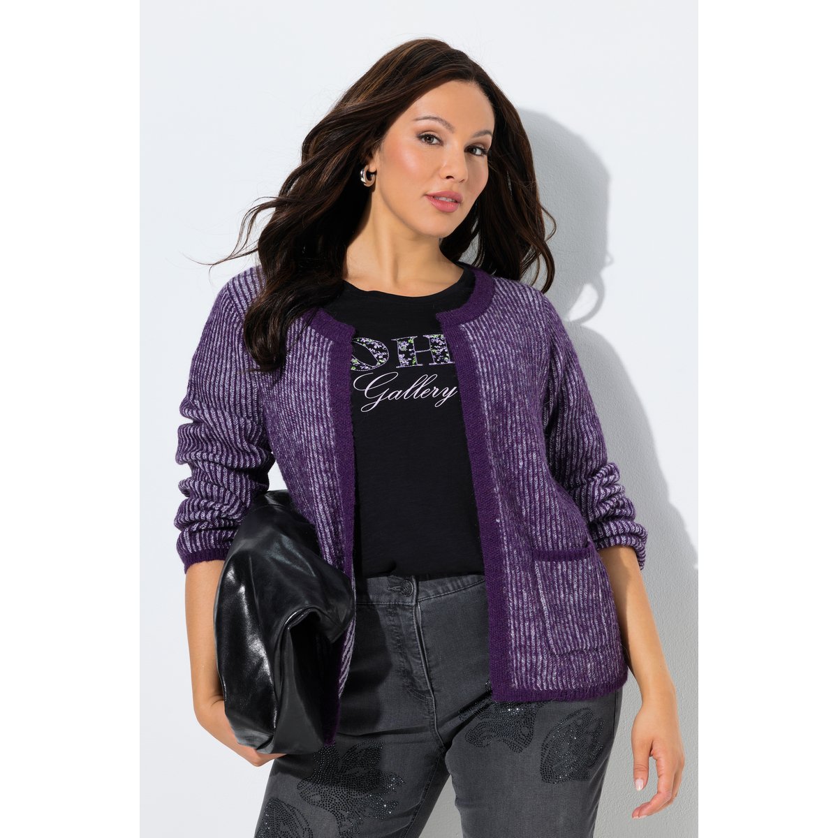 Cardigan maille côtelée à rayures violet foncé, ULLA POPKEN