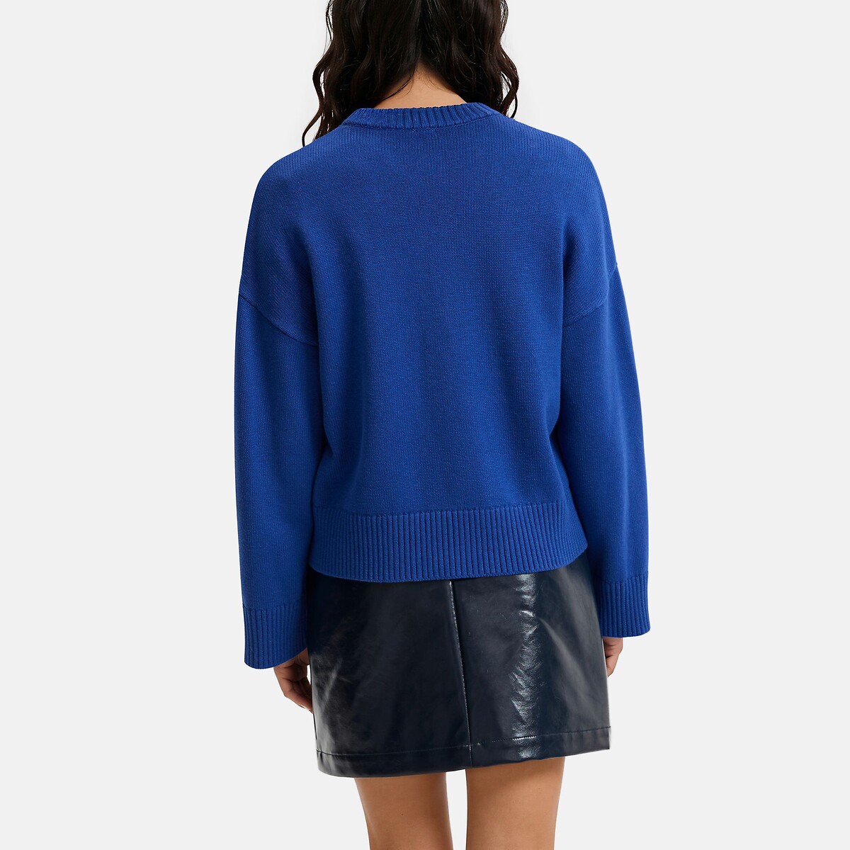 Pull col rond, en laine et coton mélangés bleu électrique, LA REDOUTE COLLECTIONS