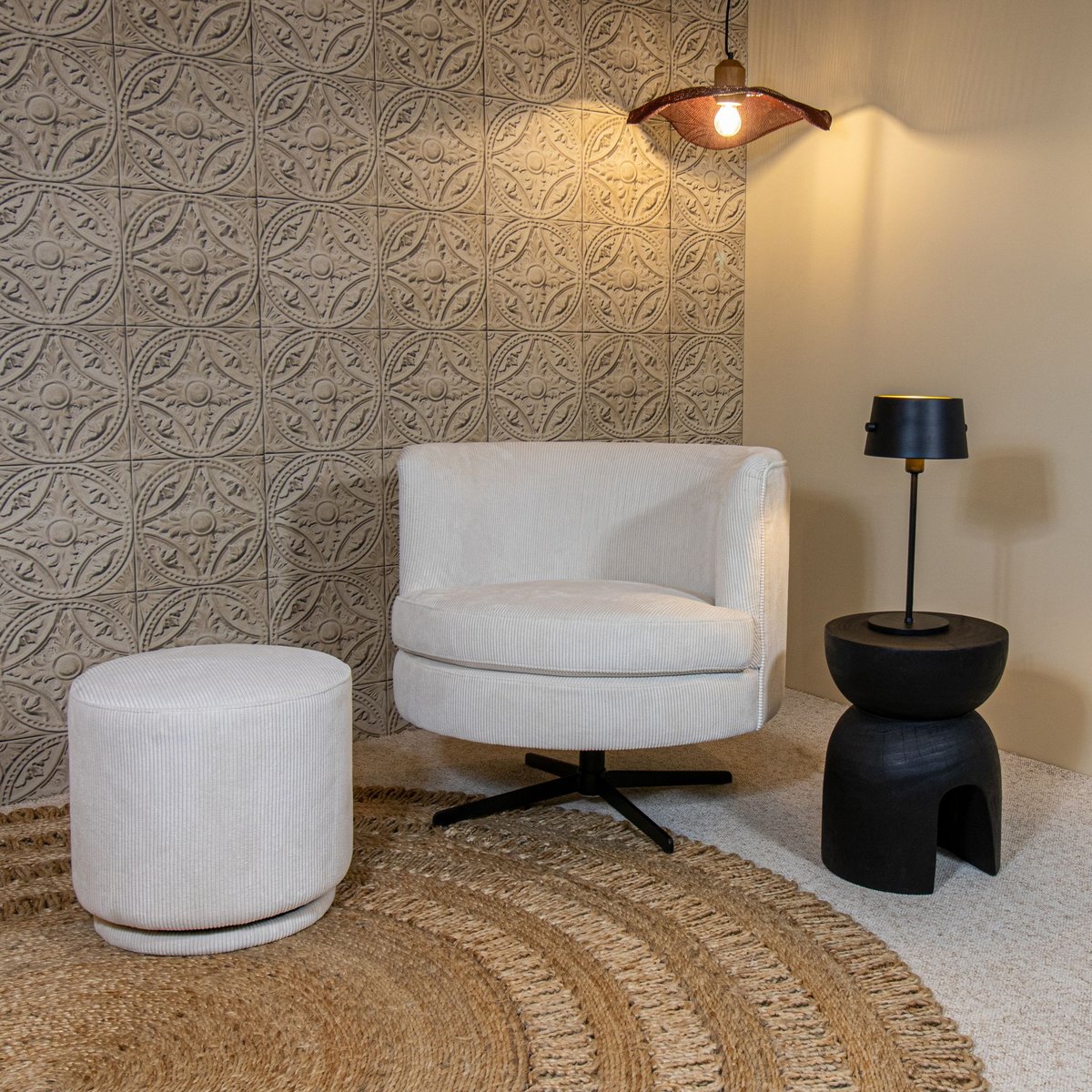 Pouf pivotant en velours cotelé ecru, NOW'S HOME