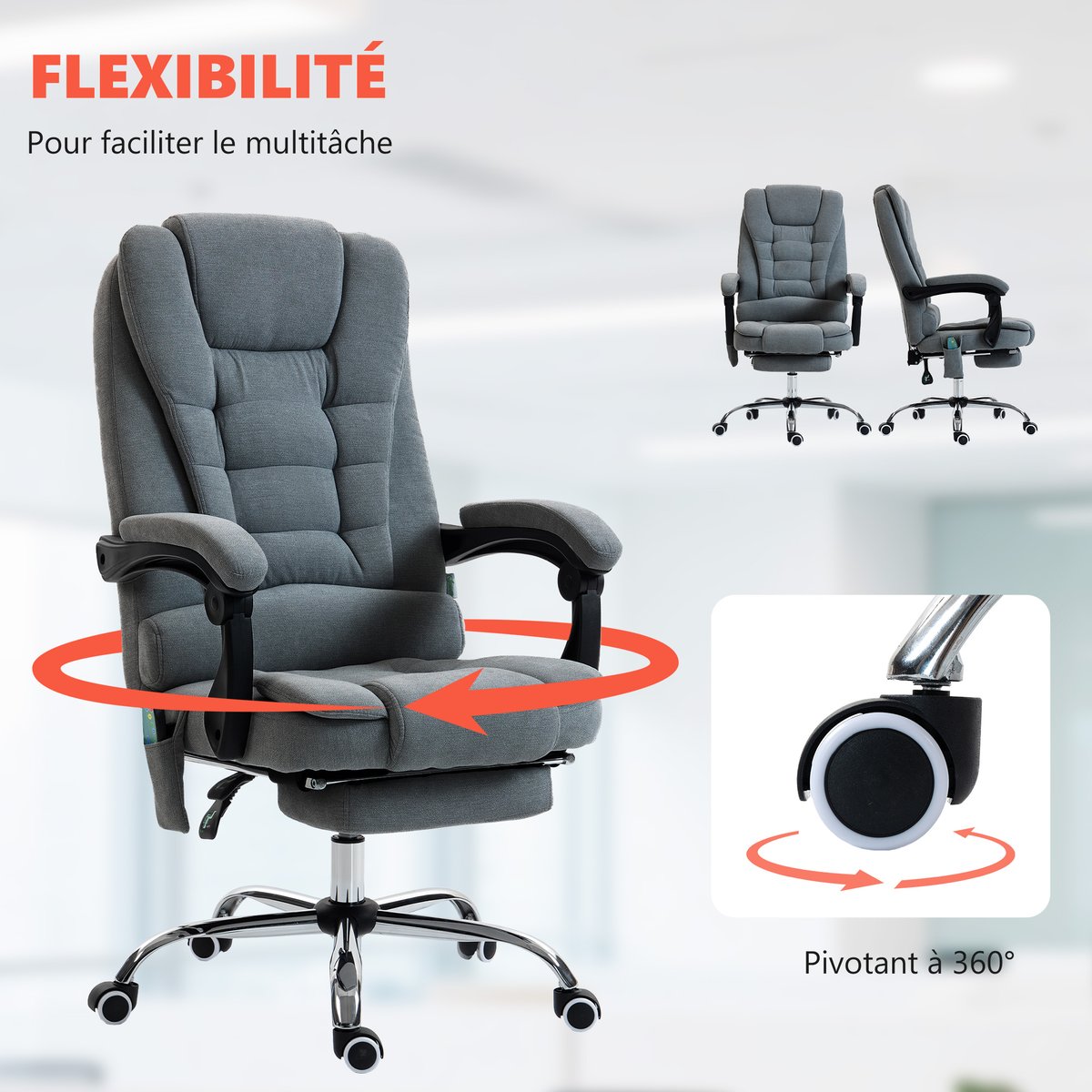 Fauteuil de bureau avec fonction massage gris foncé, HOMCOM