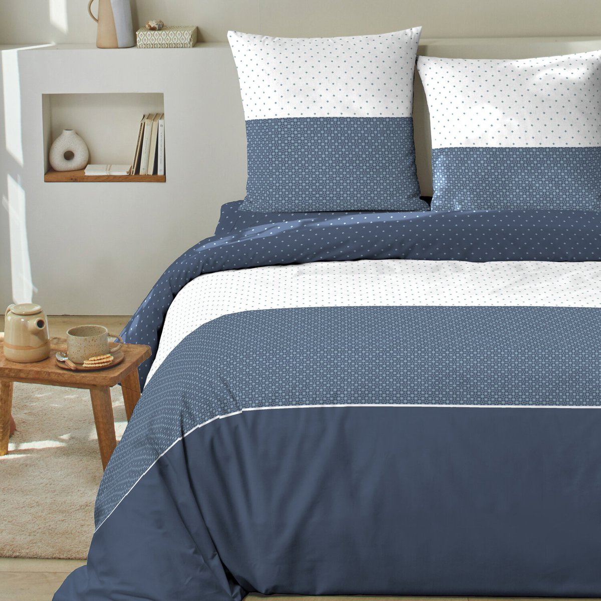 Parure housse de couette coton imprimés, cini bleu bleu, C DESIGN HOME TEXTILE
