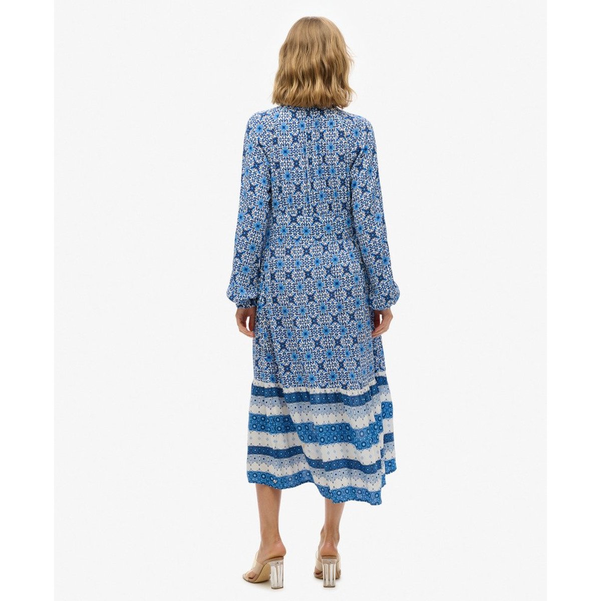 Robe mi-longue imprimée à manches longues bleu border tala tile, SUPERDRY
