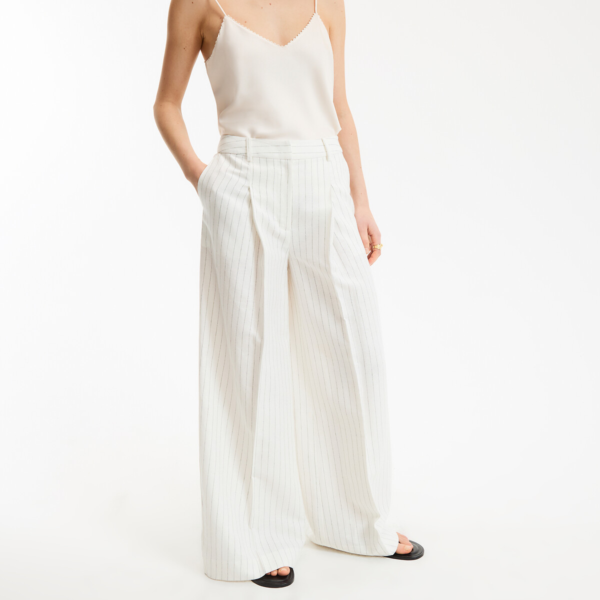 Pantalon large à pinces à rayures en lin et coton rayé ivoire/marine, LA REDOUTE COLLECTIONS