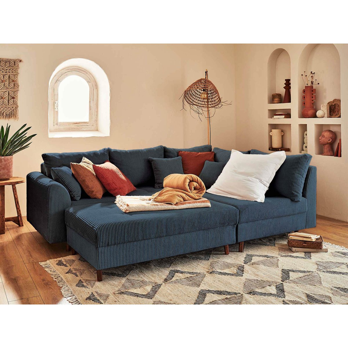 Canapé d'Angle droit 4 places + pouf places - RUNE bleu nuit, BEST MOBILIER