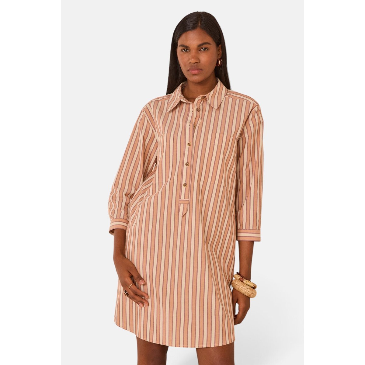 Robe chemise rayée en coton LISEA brique, Maison 123