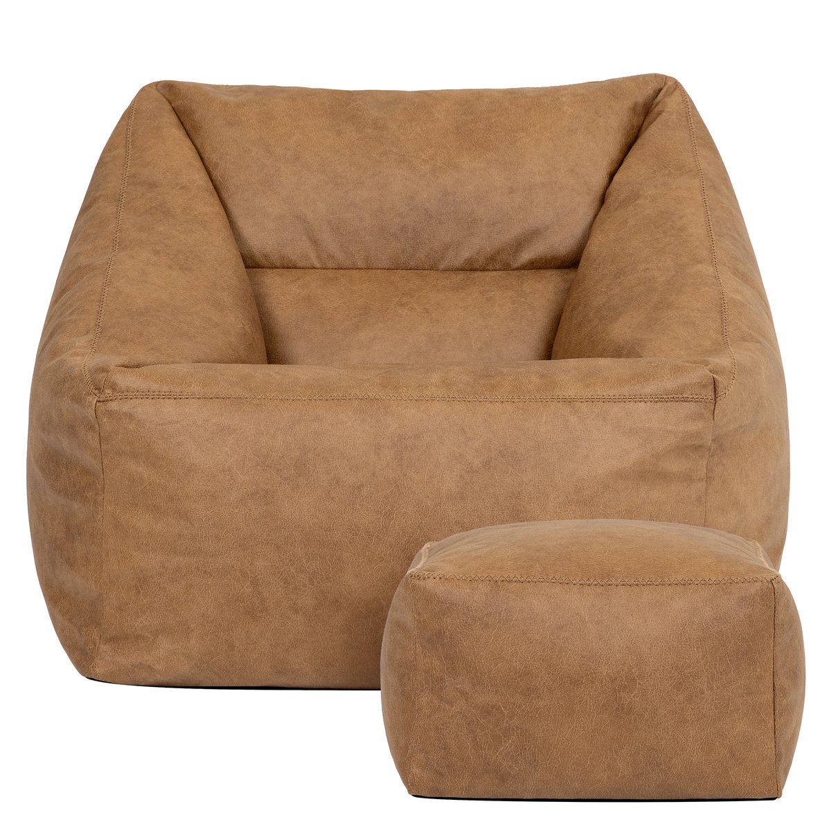 Pouf fauteuil et son repose-pied carré en imitation cuir, végan Oeko-Tex® - NATALIA brun, ICON