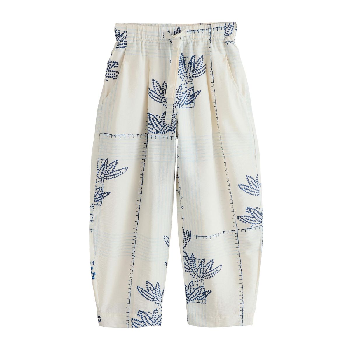 Pantalon barrel avec lin imprimé palmier écru/marine, NEXT