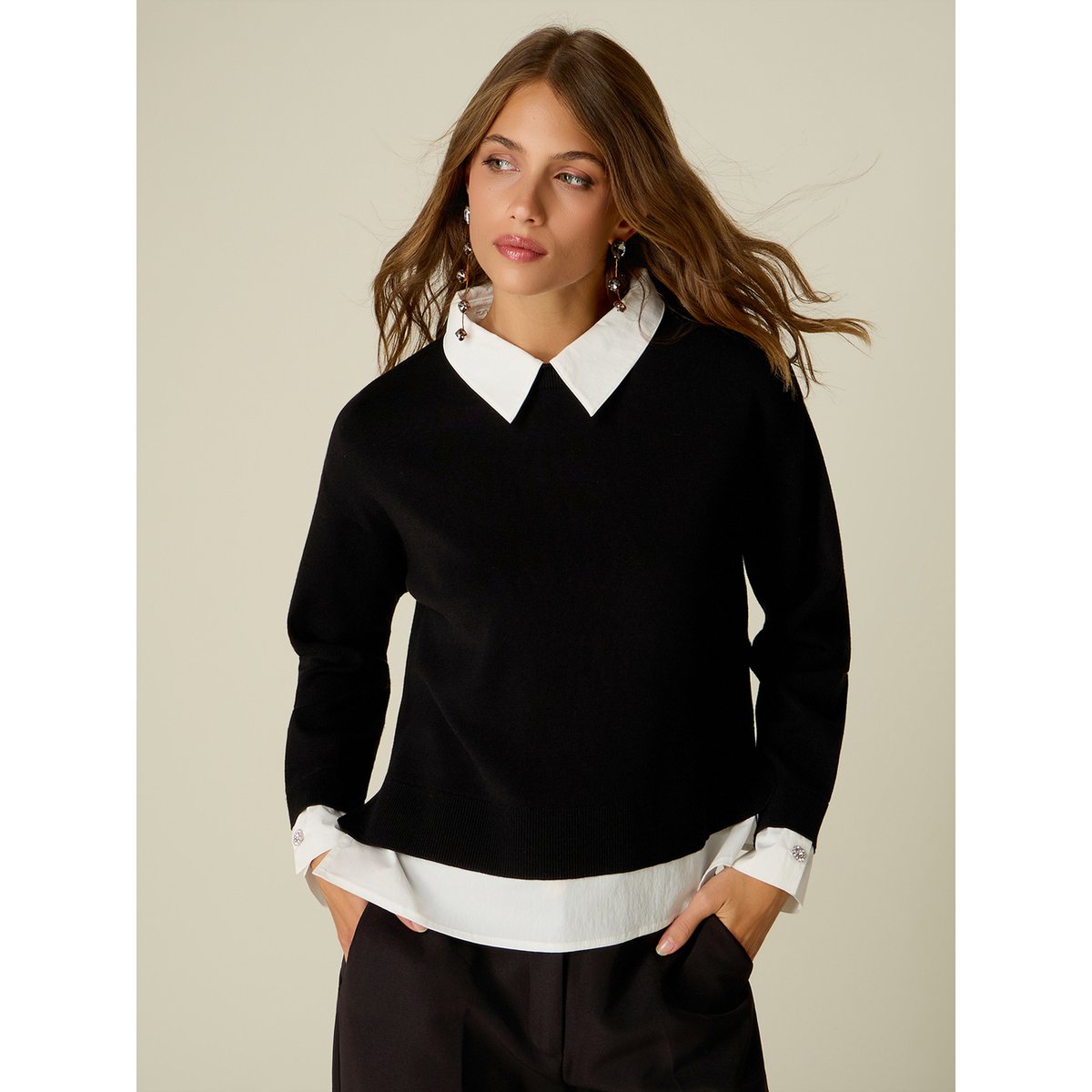 Pull avec col et poignets chemise noir, OLTRE