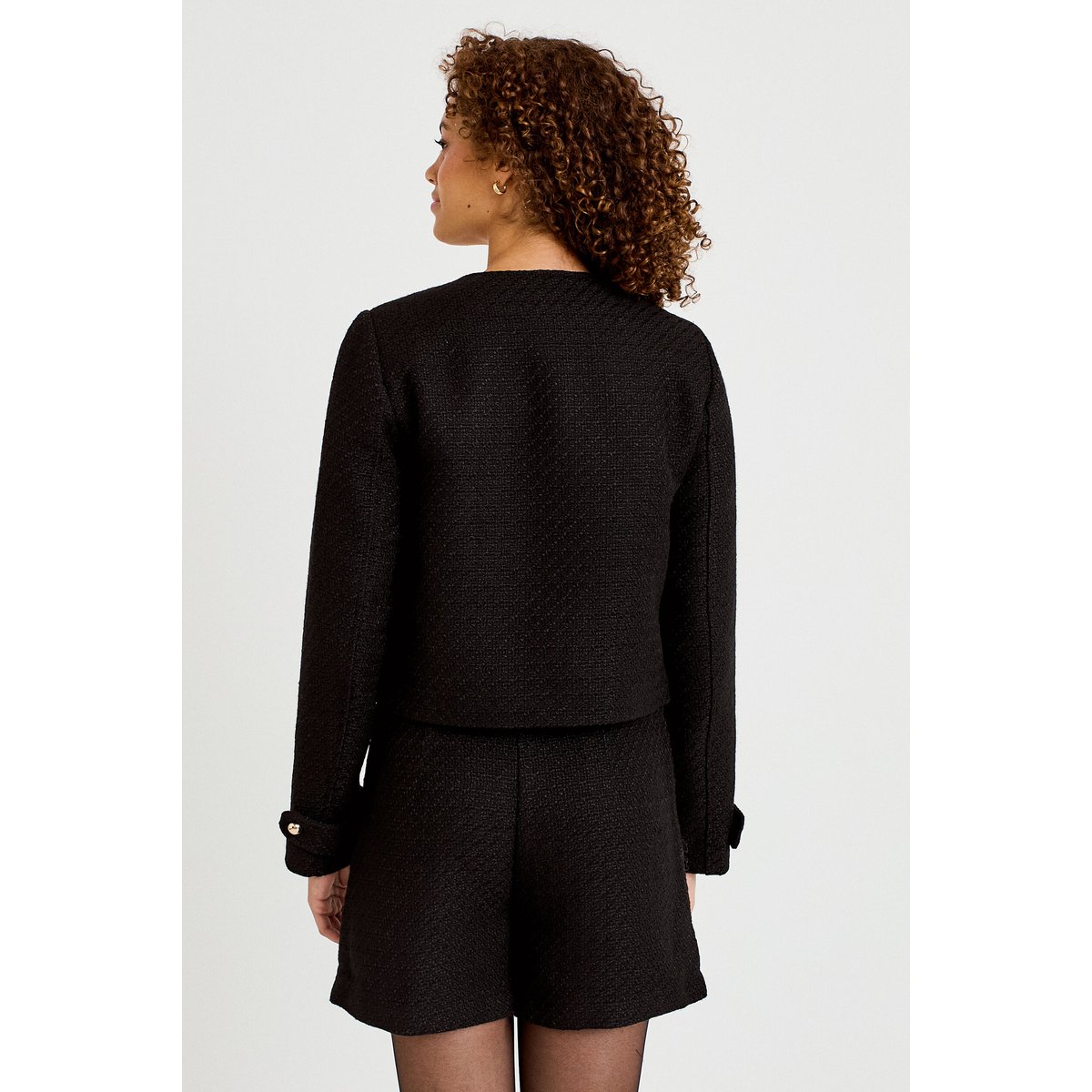 Veste tweed cintrée cropped col mao noir, CACHE CACHE