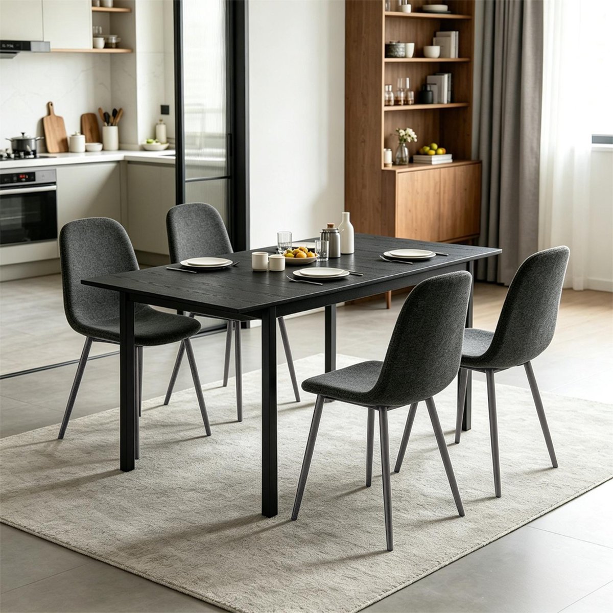 Ensemble de table à manger extensible à allonge avec 4 chaises, BARICHARLTON gris foncé, MEUBLES COSY
