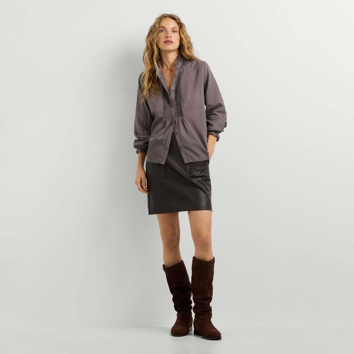 Blouse À Carreaux À Col Mao brun de trail, PEPE JEANS