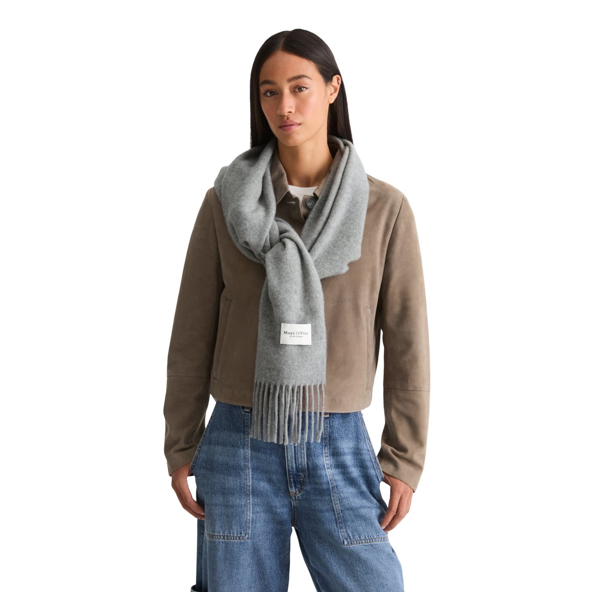 Écharpe en laine tissée avec de longues franges gris, MARC O'POLO