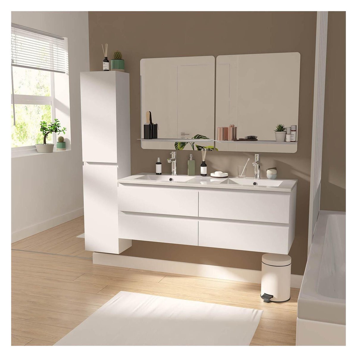 Meuble double vasque suspendu avec plan céramique 120cm SORRENTO blanc brillant, MOB IN