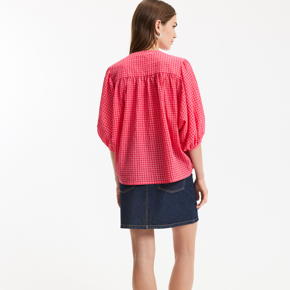 Chemise col mao à carreaux, volume oversize, en coton, Signature BERTHE carreaux rouge, LA REDOUTE COLLECTIONS