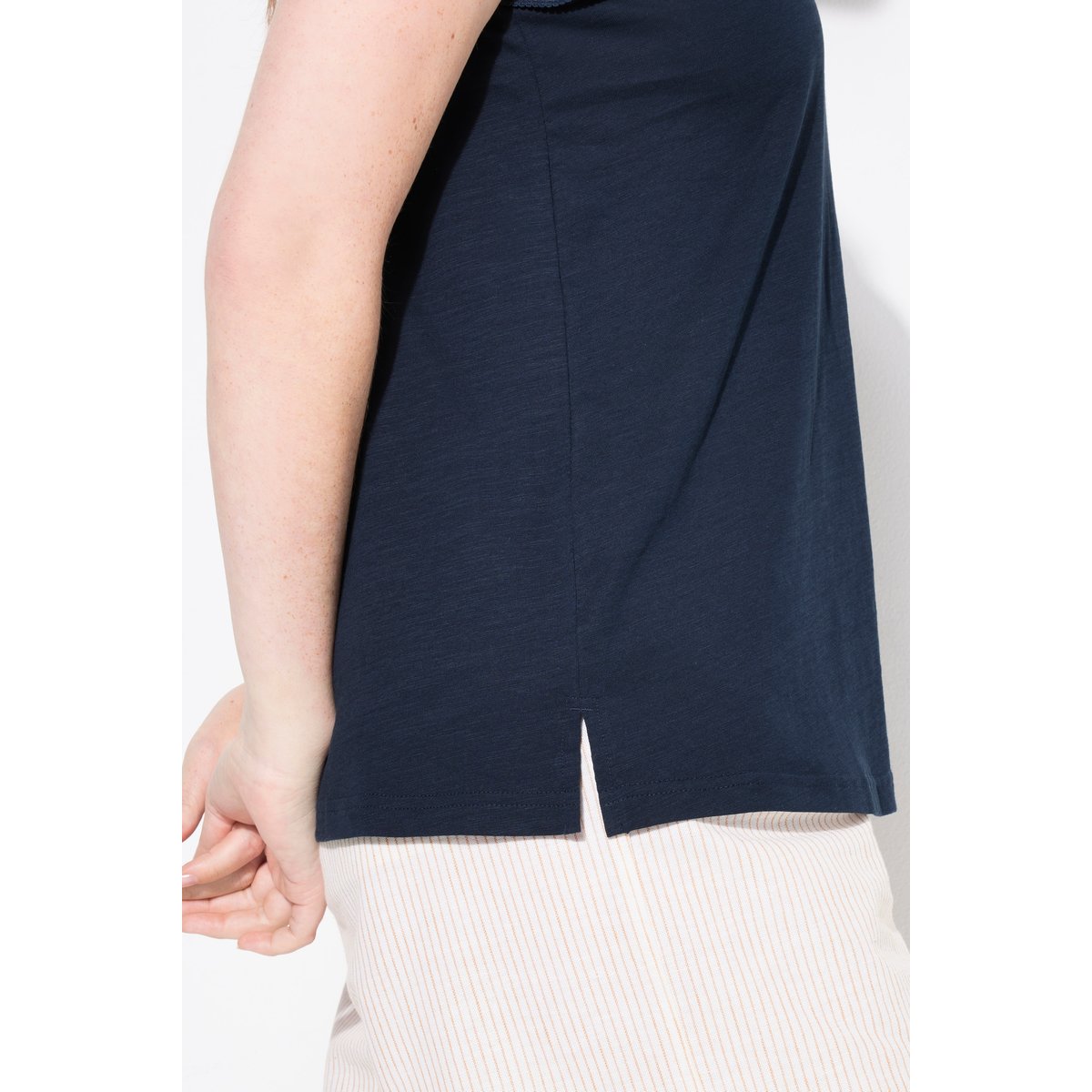 T-shirt, broderie, col rond, manches courtes marine, ULLA POPKEN
