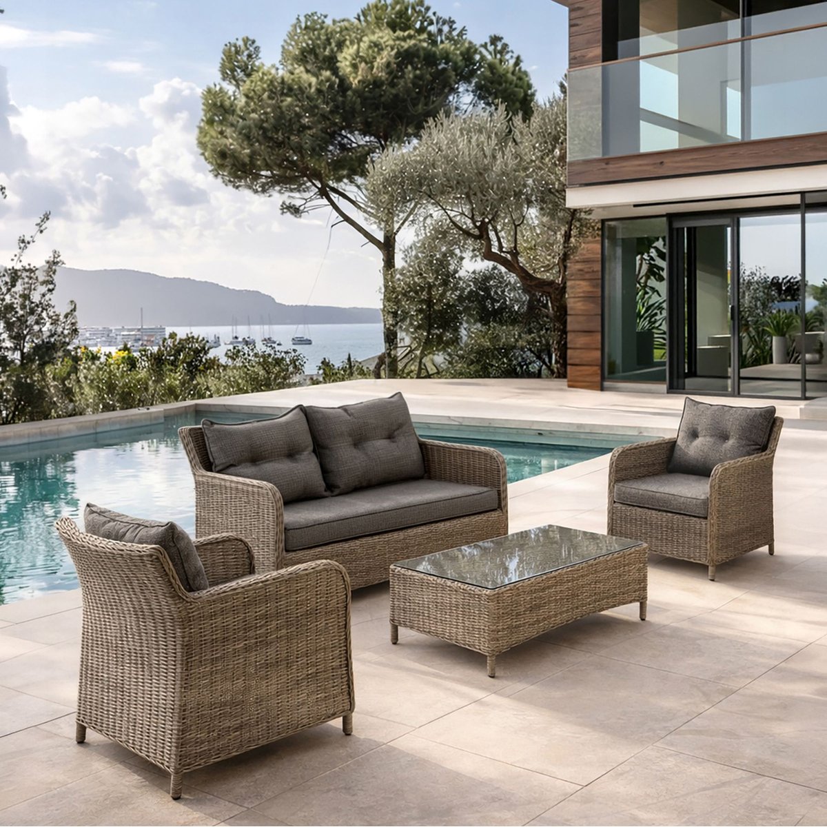 Salon de jardin 4 places en aluminium et tissu, PORTO-FINO moka, NOW'S HOME