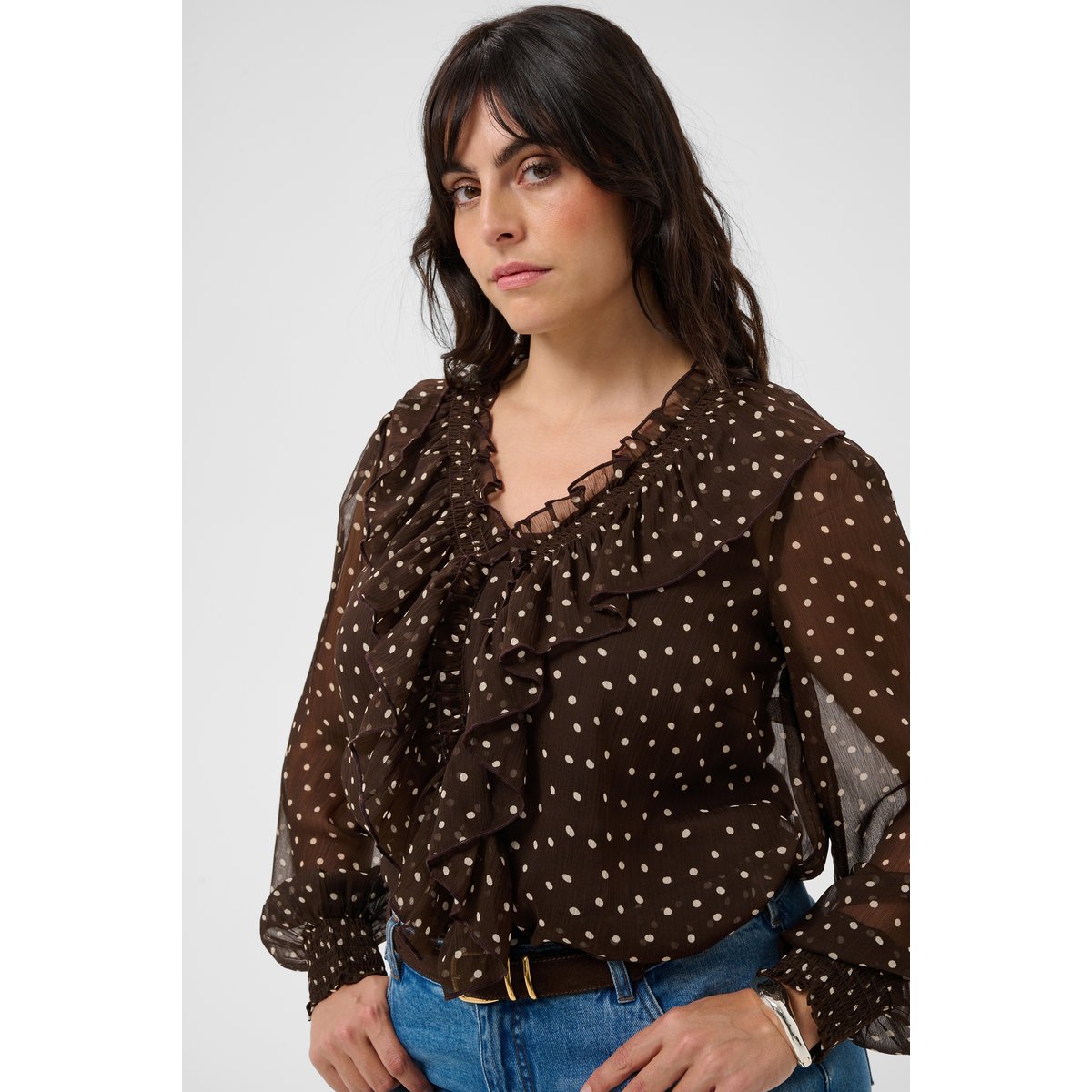 Blouse à manches longues marron coffee bean turtledove dot, KAFFE CURVE