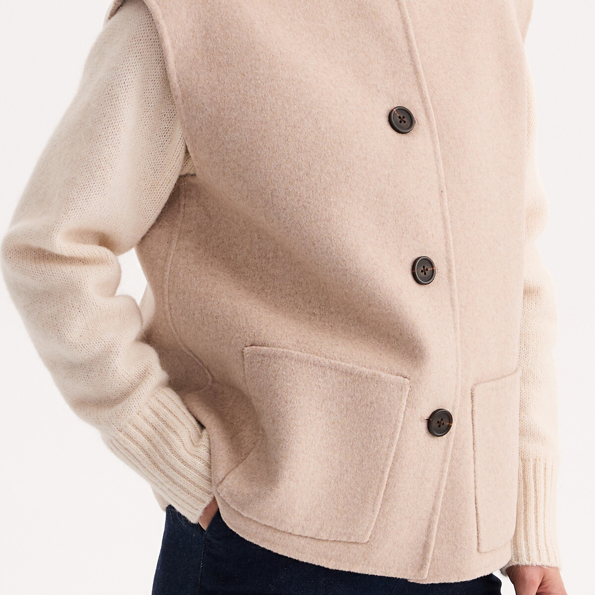 Veste sans manches, en drap de laine, coupe oversize beige clair chiné, ANNE WEYBURN