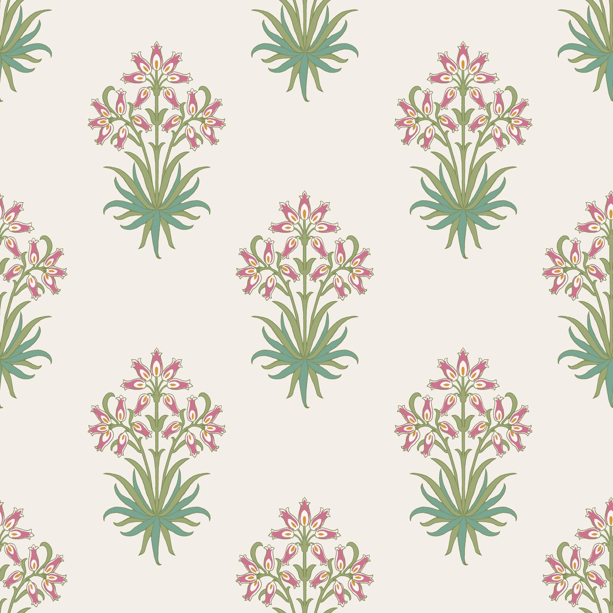 Papier peint fleuri Hyacinth Pink Cedar vert, rose, beige, WILLIAM MORRIS AT HOME