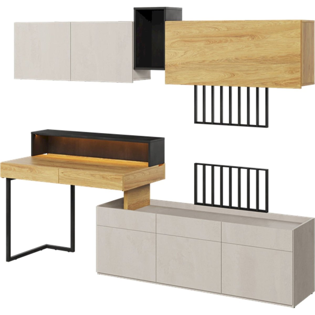 Bureau d'angle avec tiroirs collection TEEN FLEX hikora naturelle et raw steel, RECOLLECTION