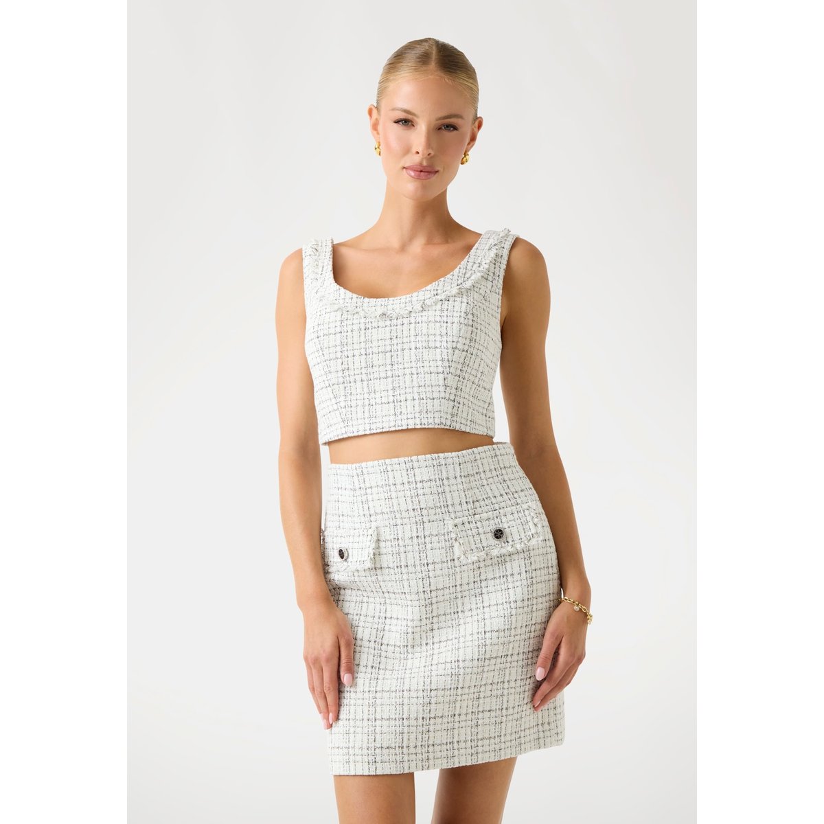 Crop Top Sans Manches Tweed blanc multi, GUESS