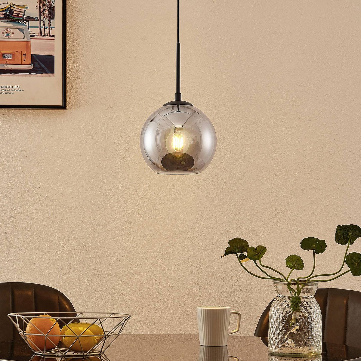 Suspension en métal moderne, Jurian noir sable, verre fumé, LINDBY