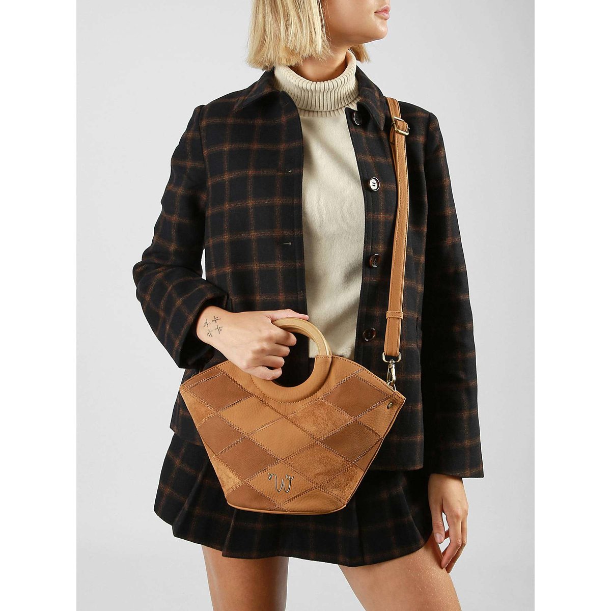 Sac bandoulière Neflier patchwork camel, WOOMEN