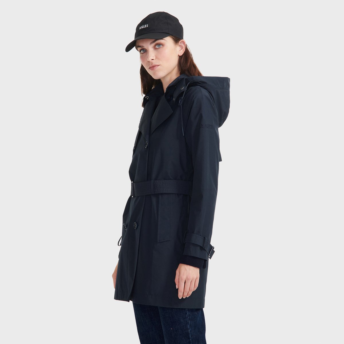 Trench-coat imperméable avec capuche amovible bleu marine, AIGLE