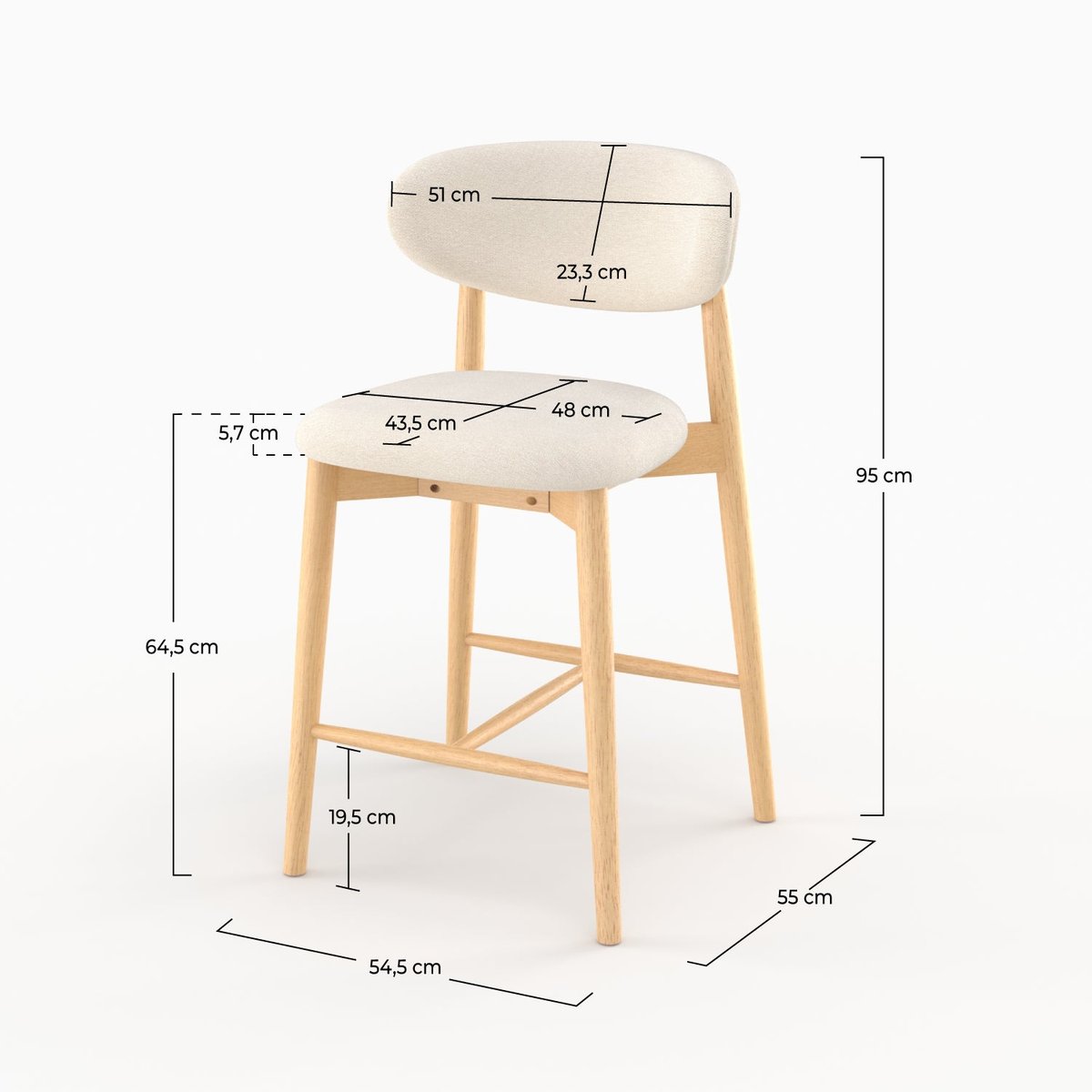 Lot de 2 chaises pour ilot central 64,5 cm en tissu et bois d'hévéa - YUNA beige, MAISON PAVANE