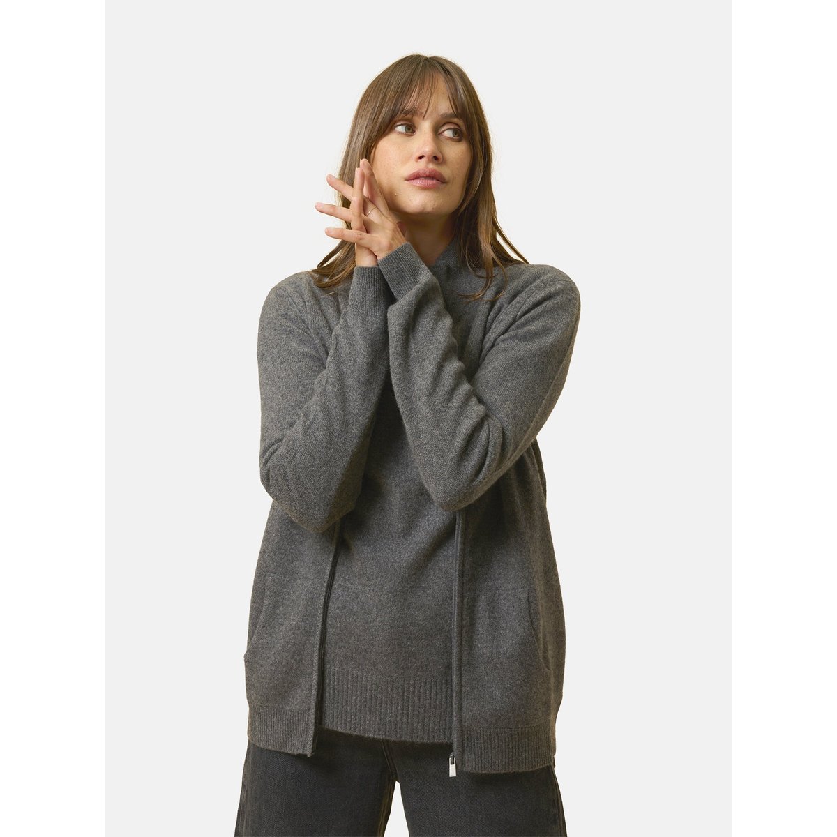 Gilet Zippé Col Montant Anthracite Chiné Ayr gris anthracite chiné, JUST CASHMERE