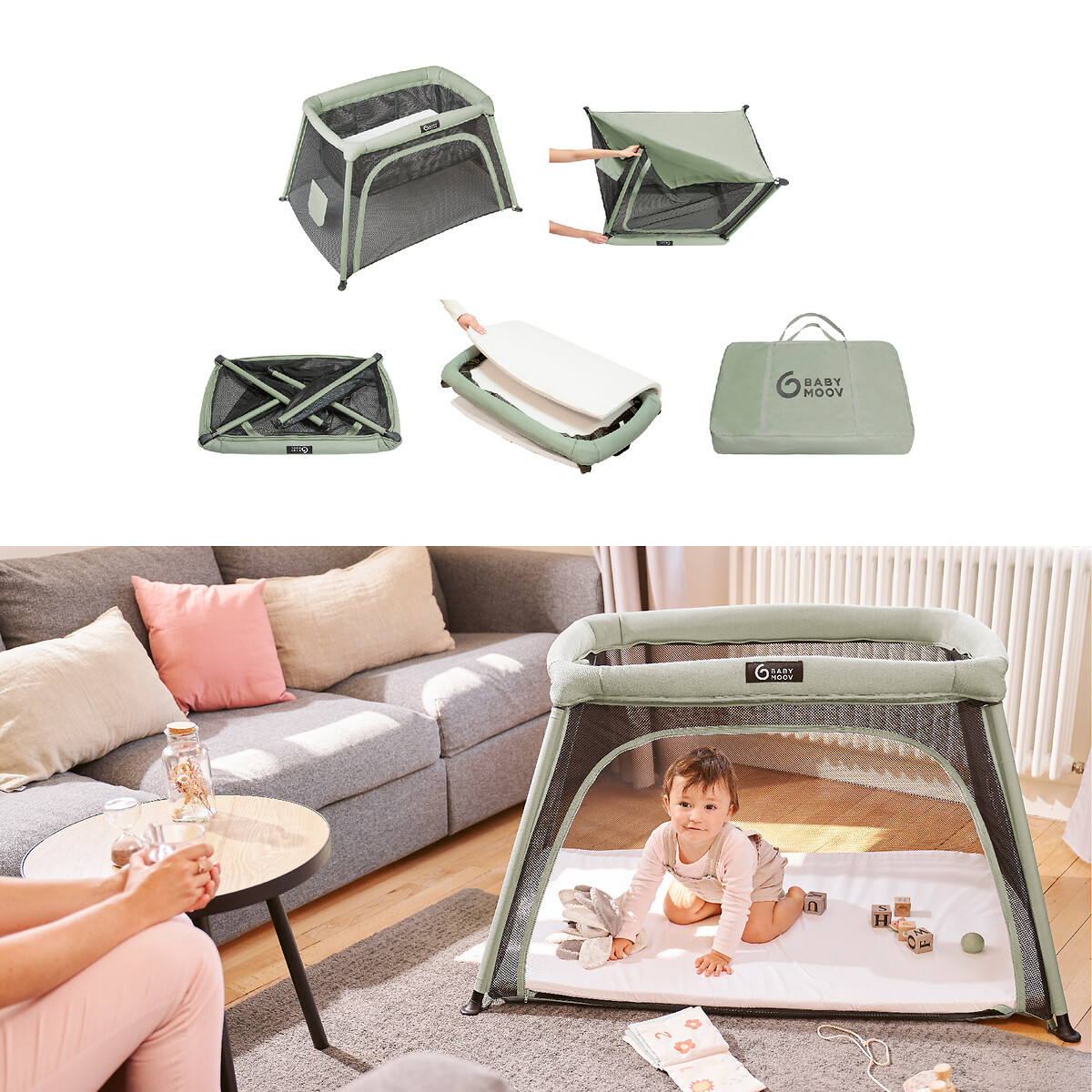 Lit parapluie bébé 3 en 1 moov and comfy gris/vert, BABYMOOV