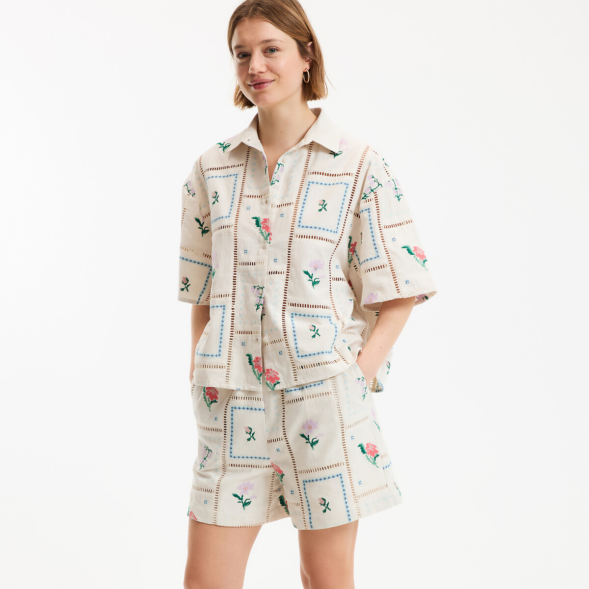 Chemise manches courtes brodée et ajourée ivoire brodé, LA REDOUTE COLLECTIONS