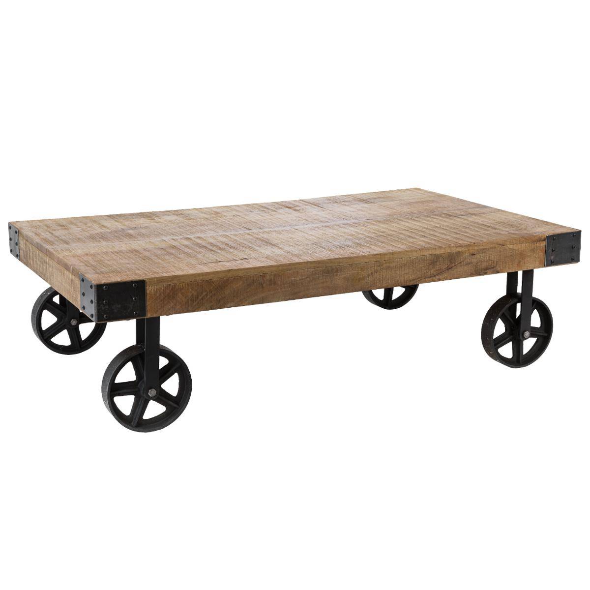 Table basse bois de manguier sur roues SILAS beige, ATMOSPHERA