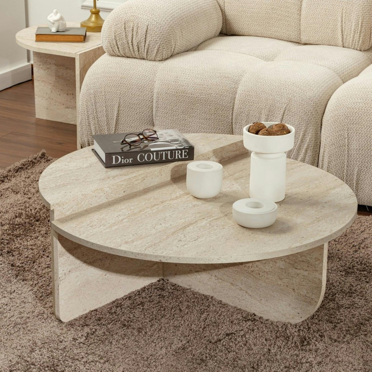 Table basse ronde modulable 2 hauteurs MARFA travertin, PIER IMPORT