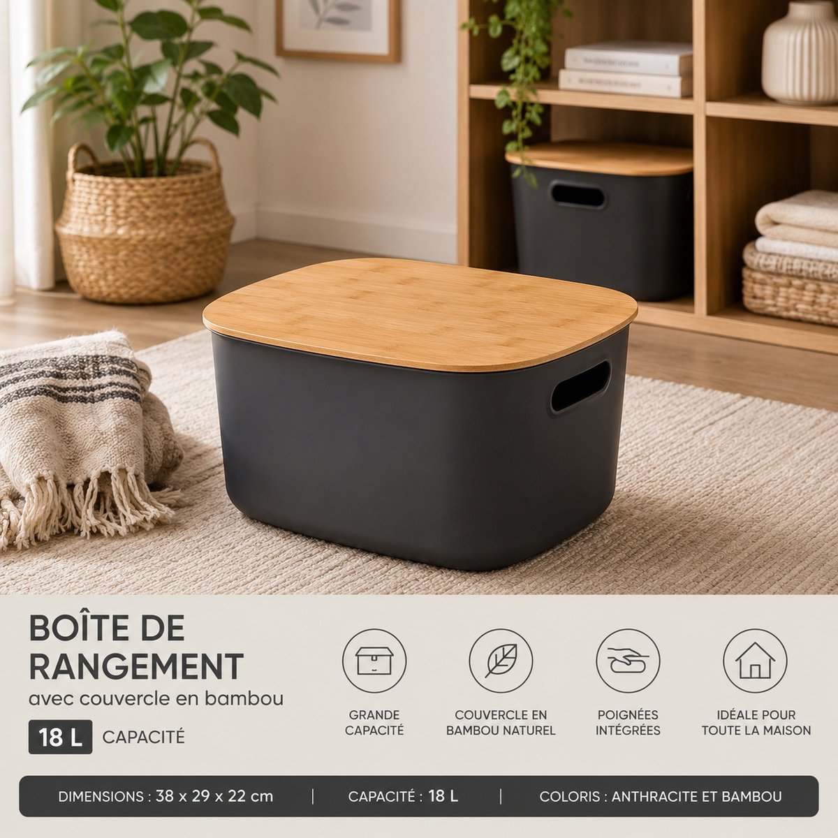 Box de rangement avec couvercle bambou noir, EDEN