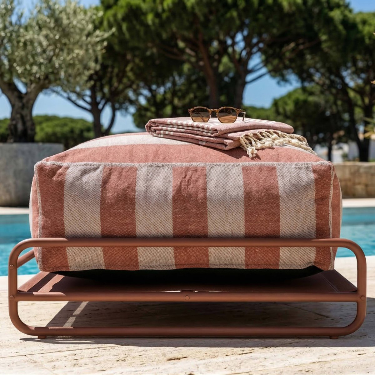 Pouf rayé pour salon de jardin modulable avec structure, MIXI terracotta, OVIALA