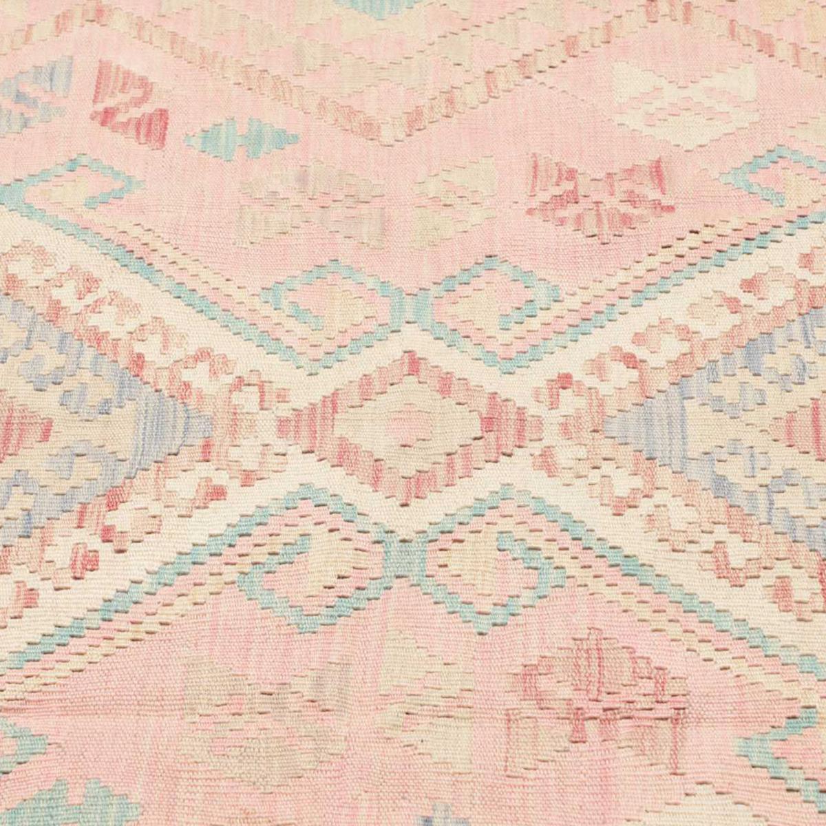 Tapis kilim géométrique, tissé plat authentique, KILIM 56 rose, bleu, crème, UN AMOUR DE TAPIS