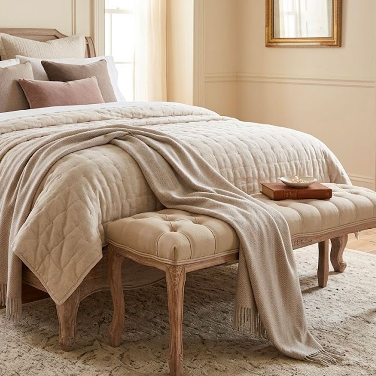 Banquette capitonnée classique bois et tissu beige 112x36x50cm beige, WADIGA