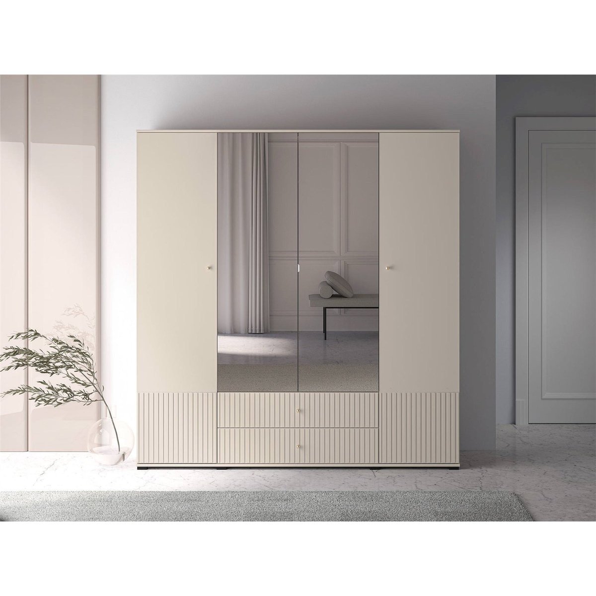 Armoire CALETTO à miroir et portes rainurées cachemire beige avec poignées dorées, RECOLLECTION