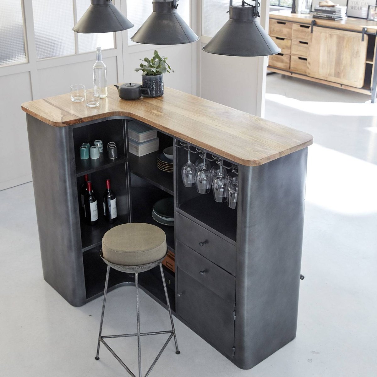 Meuble bar en angle en métal LOCKER gris, MADE IN MEUBLES