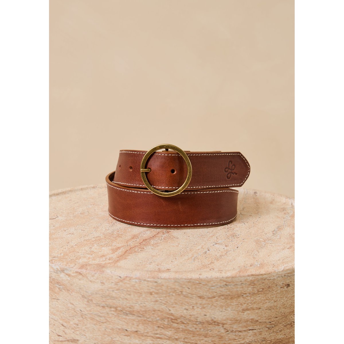 Ceinture en cuir lisse boucle ronde camel, LA FEE MARABOUTEE