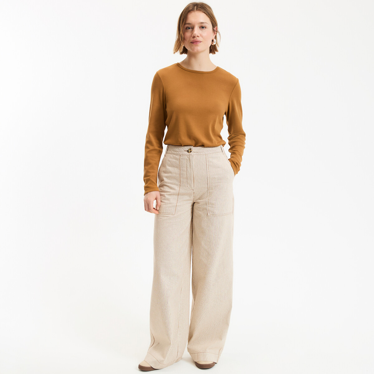 Soepel vallend T-shirt, ronde hals, lange mouwen hazelnoot kastanje, LA REDOUTE COLLECTIONS