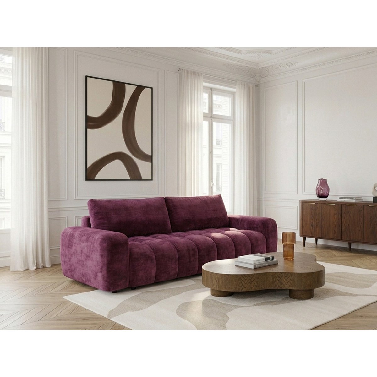 Canapé droit convertible 3 places en tissu lisse, JULES rouge, BOBOCHIC