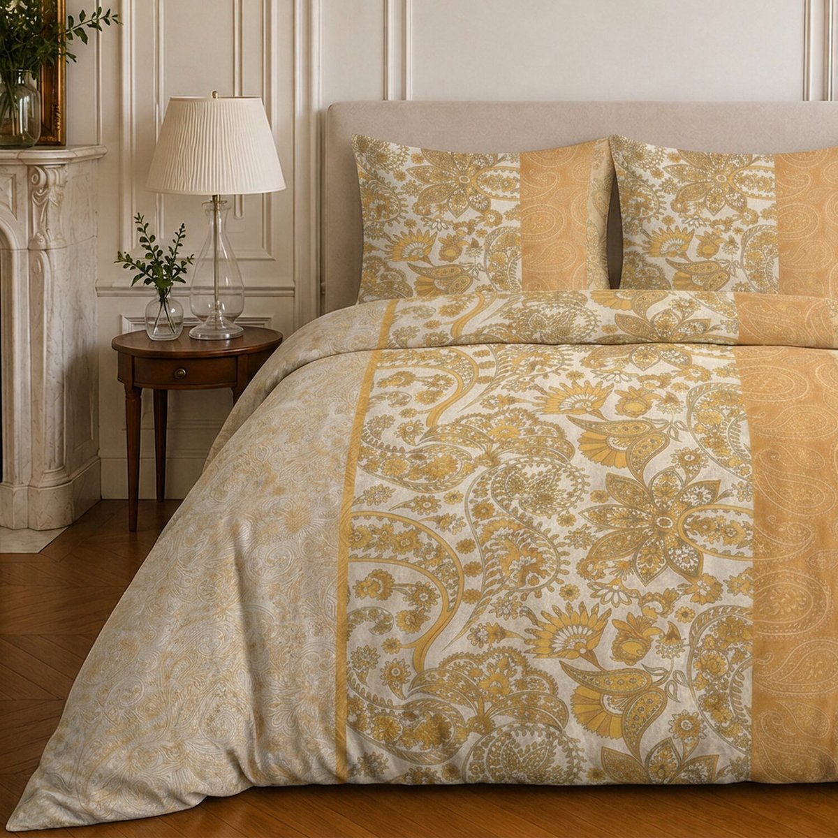 Parure de lit en coton motif floral, BOMBAY jaune, C DESIGN HOME TEXTILE
