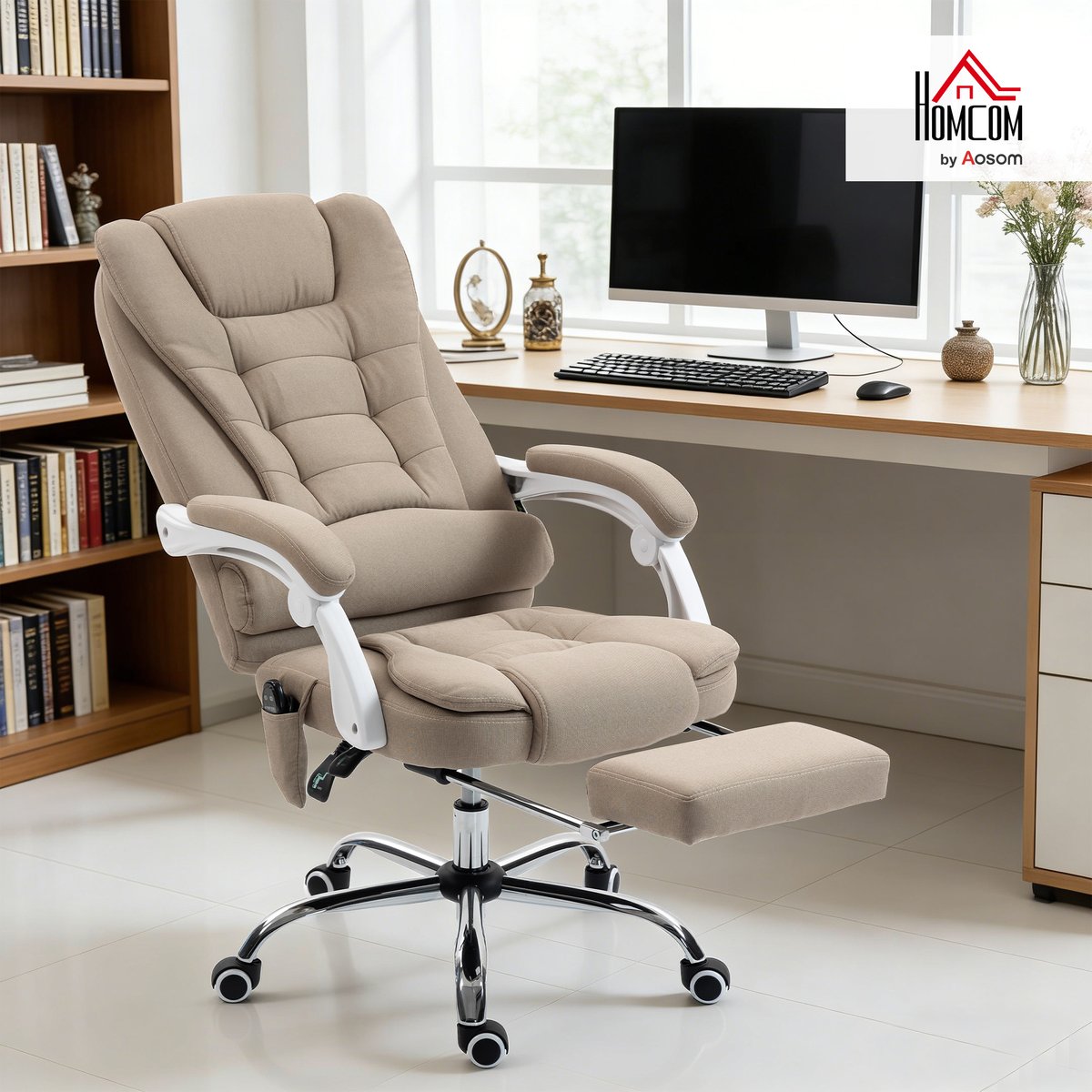 Fauteuil de bureau avec fonction massage Lin beige, HOMCOM