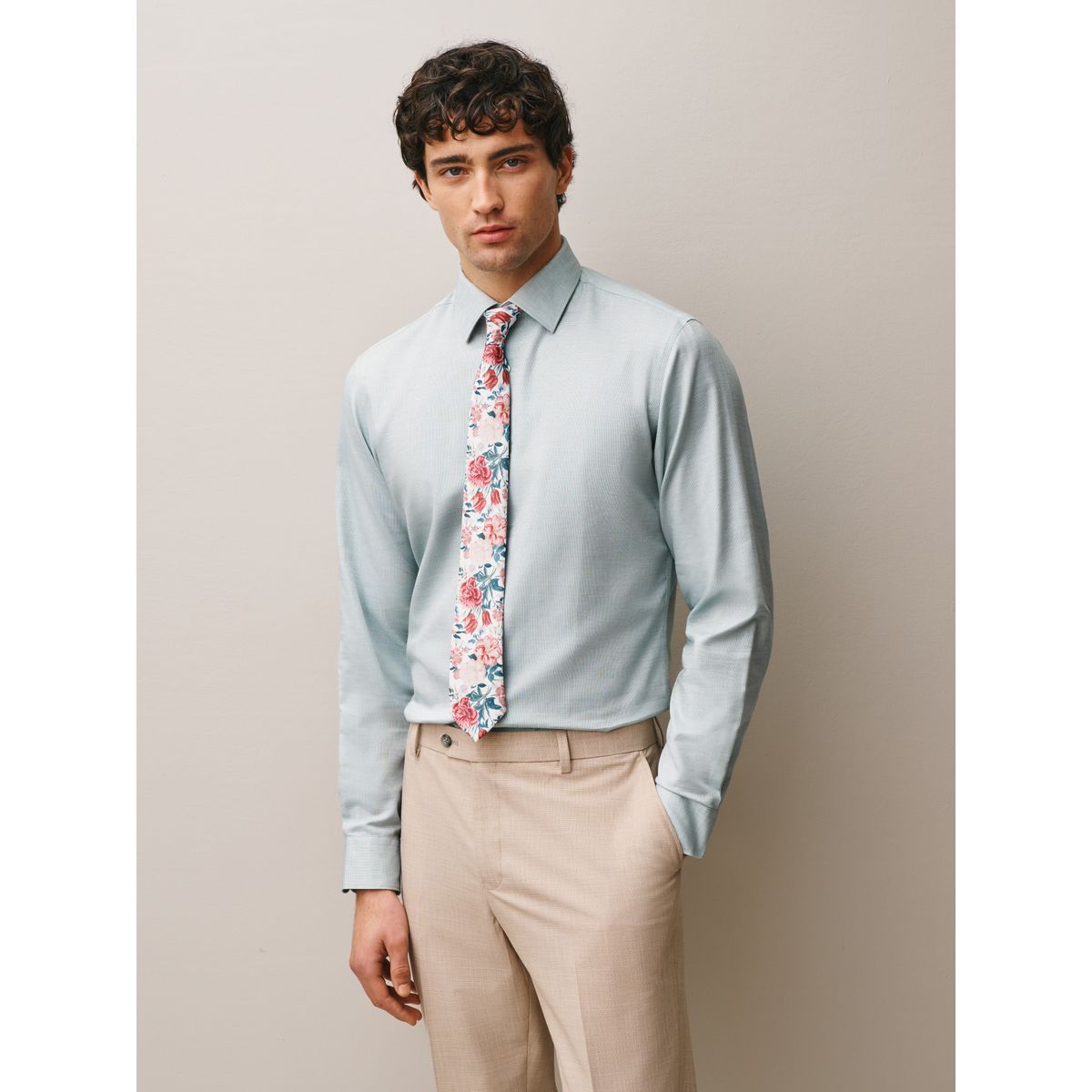 Chemise coton, cravate et pochette vert d'eau/rose floral, NEXT