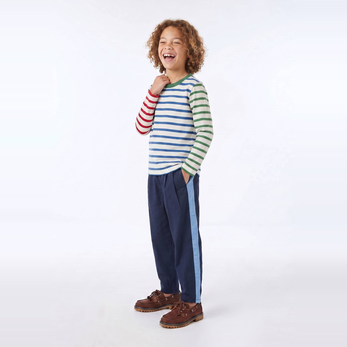 Pantalon large uni en coton marine, MONOPRIX
