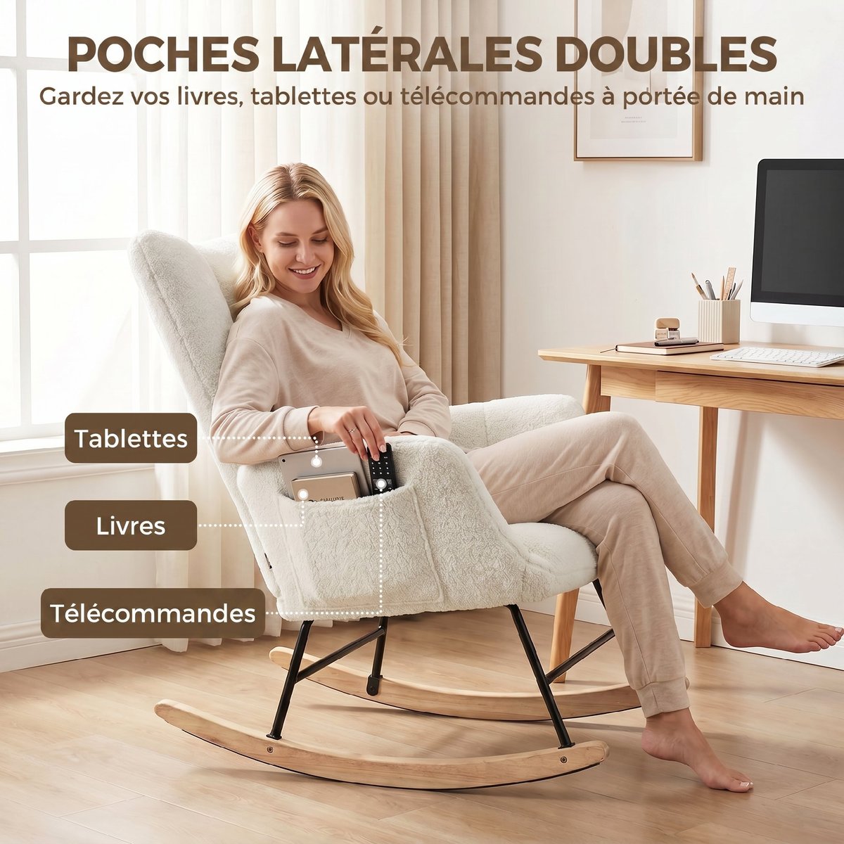 Fauteuil à bascule Peluche Teddy (100% crème, noir, HOMCOM
